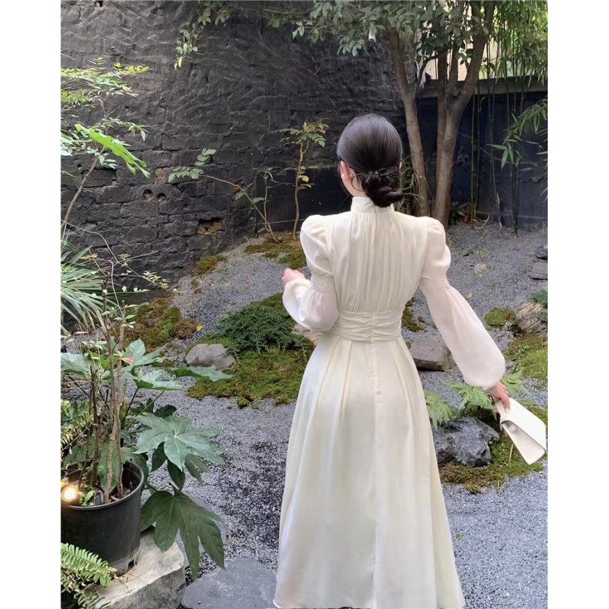 Virgo Beige Long Dress Pesta Wanita / Korean Summer Dress Long Sleeve