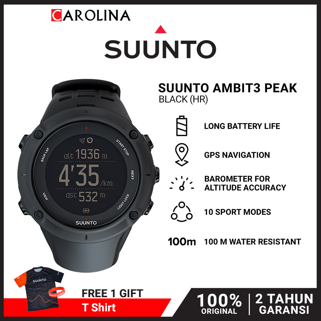 Jam Tangan Unisex SUUNTO SS020674000 Ambit3 Peak Black (HR) Digital Dial Black Rubber Strap