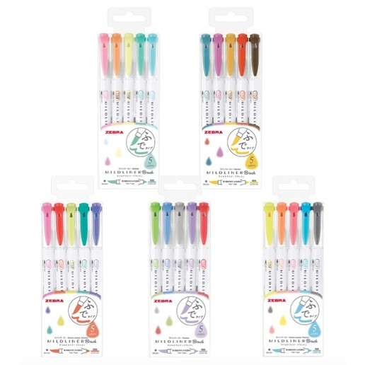 

NEW Zebra Mildliner Brush Double Sided Highlighter Set of 5 Color