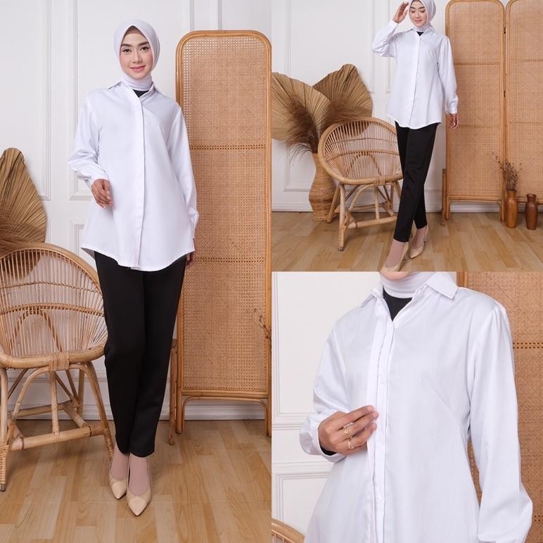QS - KM 013 Baju Putih Kemeja Putih Polos Wanita Kerja Kantoran PNS Guru Kombinasi Renda Lengan Panj