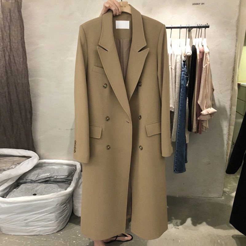 Jaket jas panjang wanita musim semi dan musim gugur Korea longgar mantel parit berkancing ganda jas 