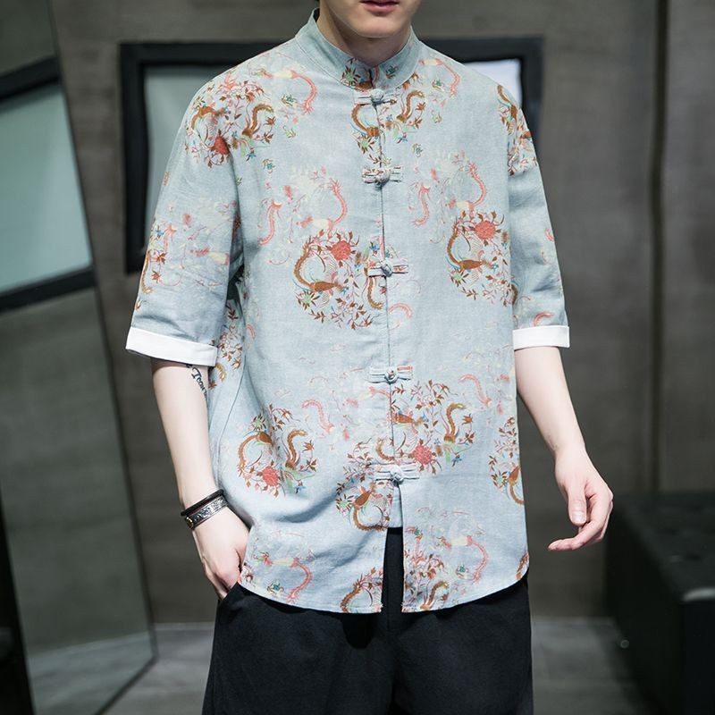 Baju Lengan Pendek, untuk Musim Panas Gaya China Hanfu Kerah Berdiri Gesper Sutra Es Setelan Tang Ce
