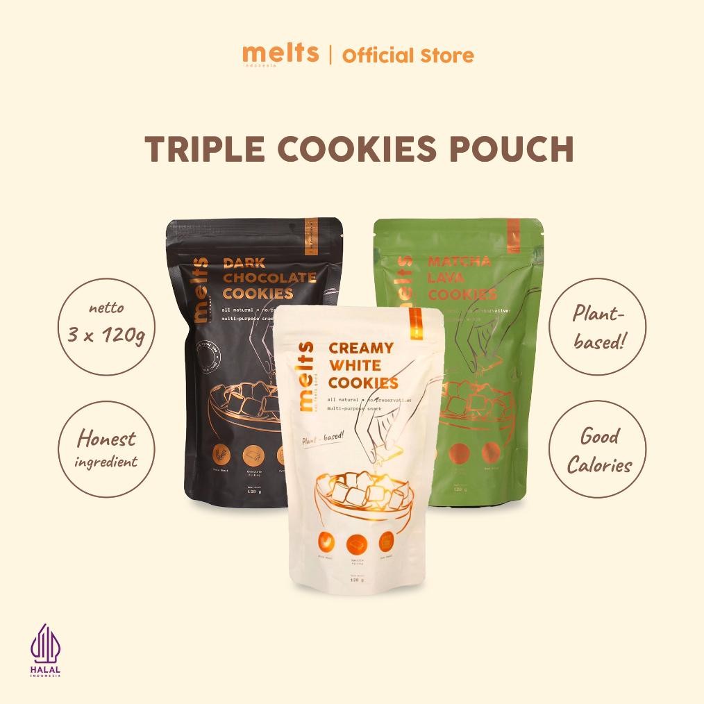 

COOKIES Premium - Triple Cookies Pouch 120g by MELTS | Bundle 3 Pouch | Snack Kukis Biscuit Sereal Cokelat Matcha Plant Based Vegan Coklat Biskuit Hadiah Gift Set Kado Natal Hamper Xmas New Year Corporate