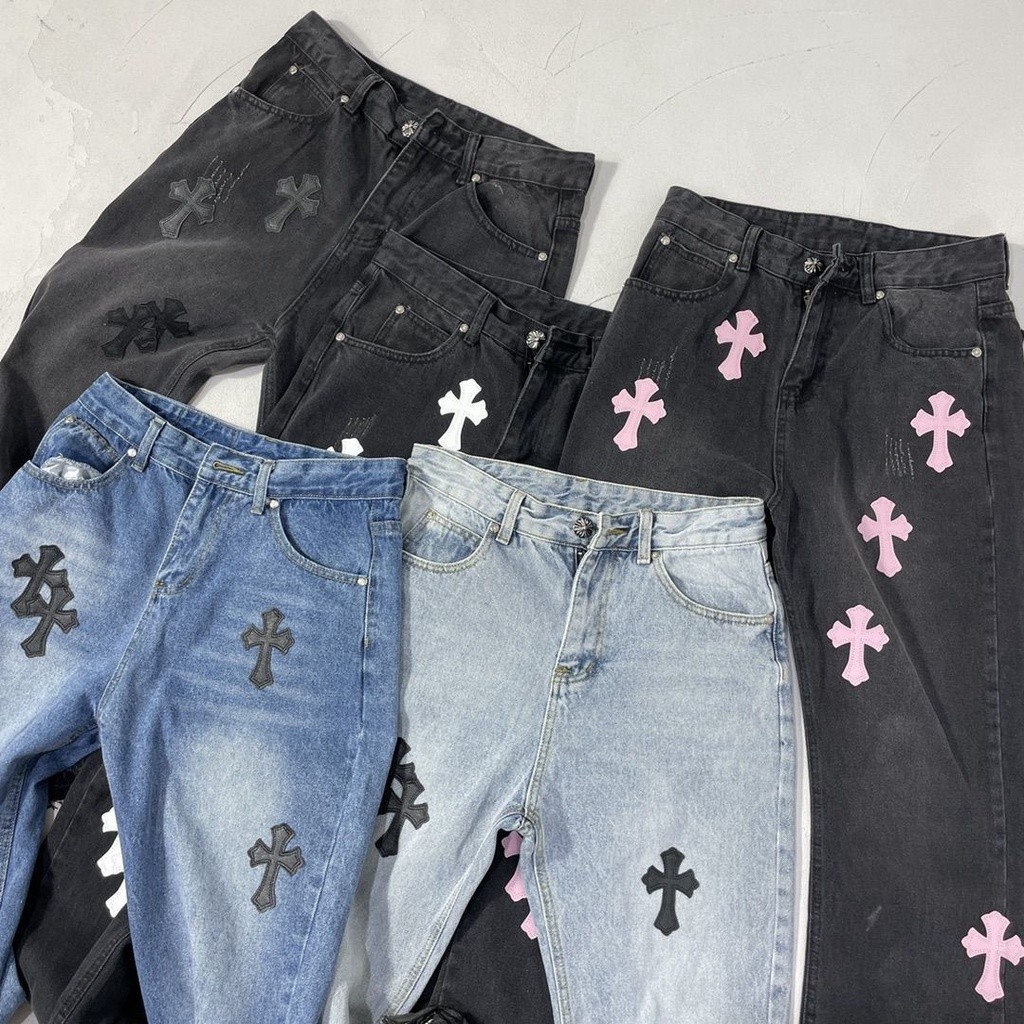 Jeans lurus sapi EMMH Chrome Hearts Celana panjang silang kasual berlabel kulit pria dan wanita High