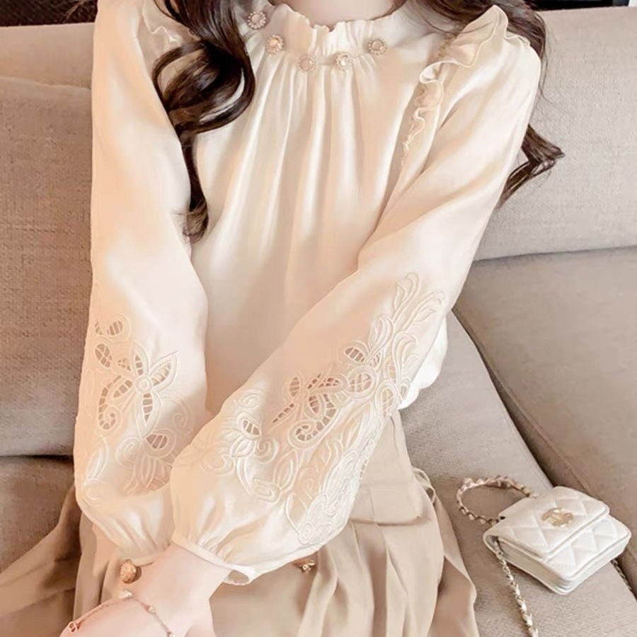 Atasan Sifon Berongga Lengan Panjang Elegan, Kemeja Lengan Panjang