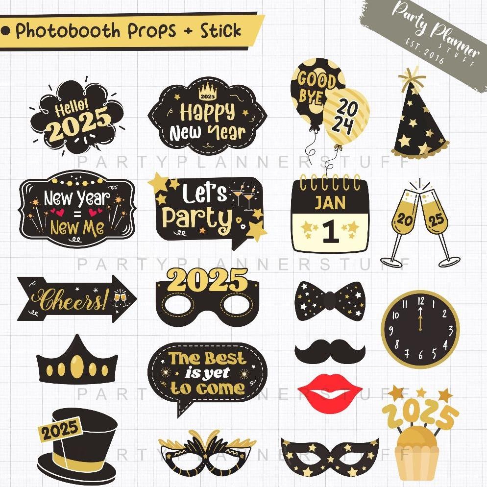 Fun props happy new year / stik foto aksesoris tahun baru / photo props new year eve / photobooth pr