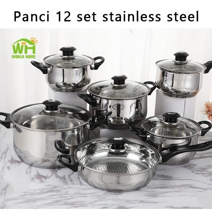 Panci Set 12pcs Cookware Stainless Steel Alat Masak Satu Set 12 pcs