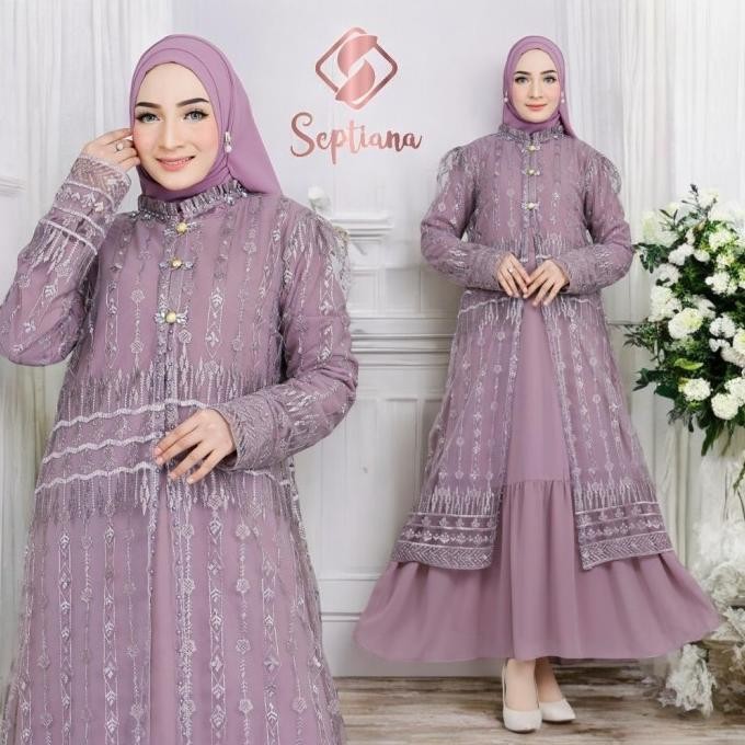 Septiana - Set Outer dan Inner Gamis Brukat Pesta kombinasi tille brukat dan ceruti baby doll payet 