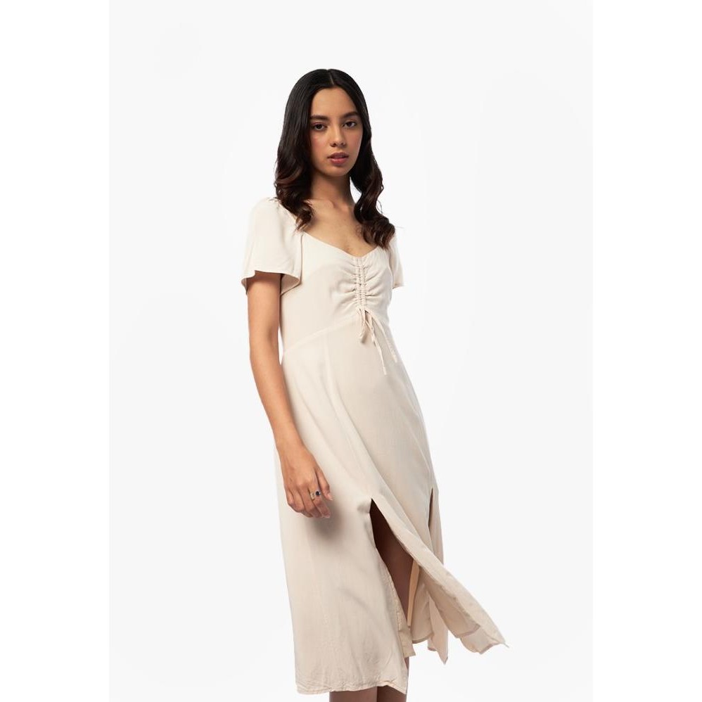 COLORBOX Puff Sleeves Midi Dress I-DDWFCR124E014 Ecru IS81