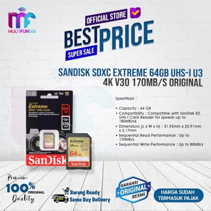 

Sandisk SDXC Extreme 64GB UHS-I U3 4K V30 170MB/s Garansi Resmi