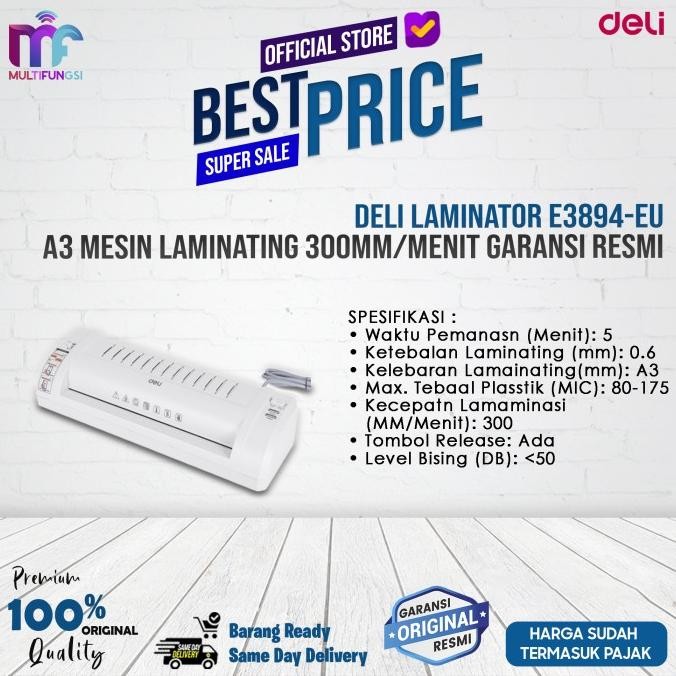 

Deli Laminator E3894-EU / E3894 A3 Mesin Laminating 300MM/Menit Garansi Resmi