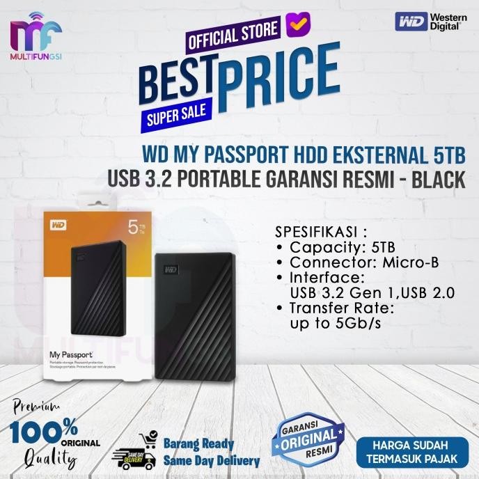 

WD My Passport HDD Eksternal 5TB USB 3.2 Portable Garansi Resmi