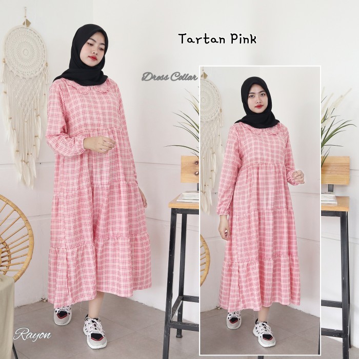 Gamis Dress Wanita Dewasa / Midi Dress XL Dress Jumbo Collar RAYON - TARTAN PINK