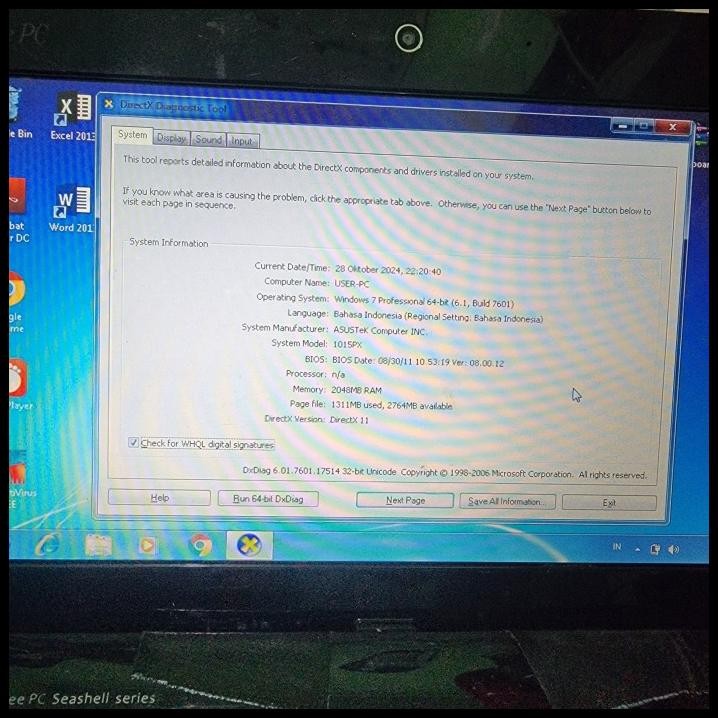 Nett Laptop notebook ASUS Eee PC 1015PX-BLK013W lama bekas rusak second