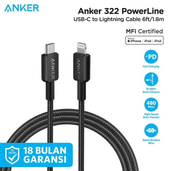 Anker 322 Kabel Data Charger iPhone Type C to Lightning 20W PD MFi