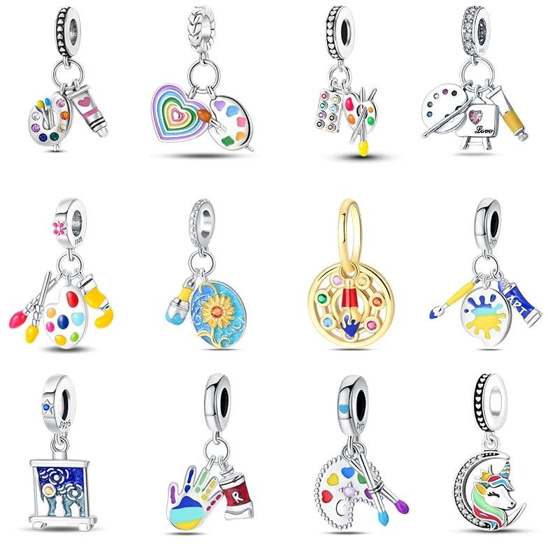 

Silver 925 Color Art Brush Tool Golden Sunflower Oil Painting Pendant Charms Beads Fit Pandora 925 Original Bracelet DIY Jewelry