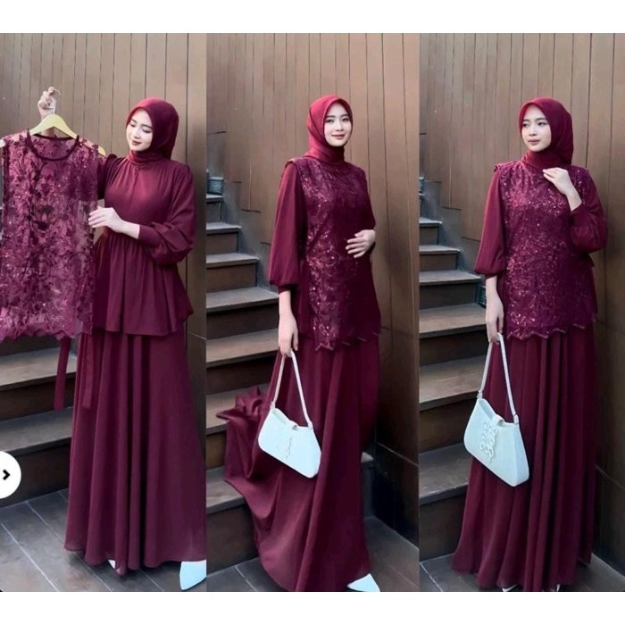 BEST SELLER Dress Kondangan Gamis + Outer Wanita Cintya Set Wanita Model Kekinian - Maroon