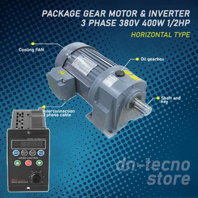 Paket motor induksi gearbox 3 phase 1/2 hp (400watt) + inverter 220V