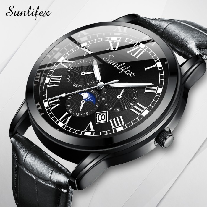 TERLARIS Sunlifex Jam Tangan Pria 7003 Kalender Kuarsa Santai Bisnis Tali Kulit - Hitam