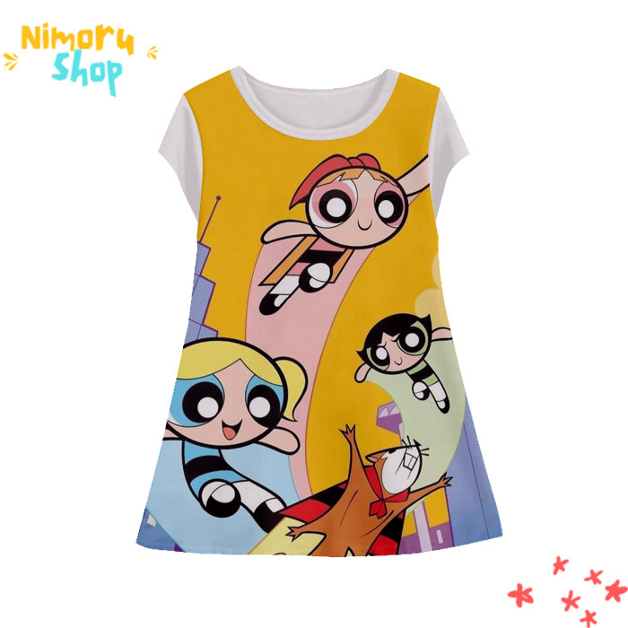 Baju Dress Anak 3D Tunik-Powerpuff-2-designWD Anime The Powerpuff Girls Tunik Untuk Usia 1-12 Tahun 