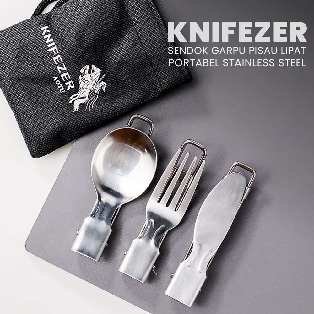 

- KNIFEZER Set Alat Makan Sendok Garpu Pisau Lipat Portable Cutlery - AOTU -