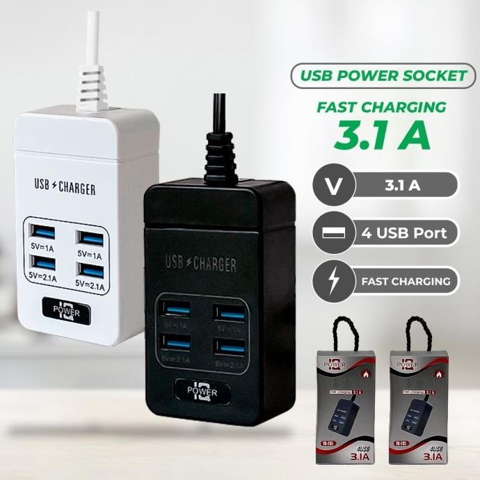 socket - Colokan Listrik T05 USB Power Socket Fast Charging / V3.1A - 4 USB Port Warna HItam & Putih