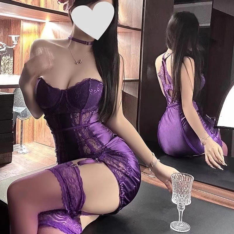 Rok Pinggul Ungu Satin Renda Seksi Berkumpul Wanita