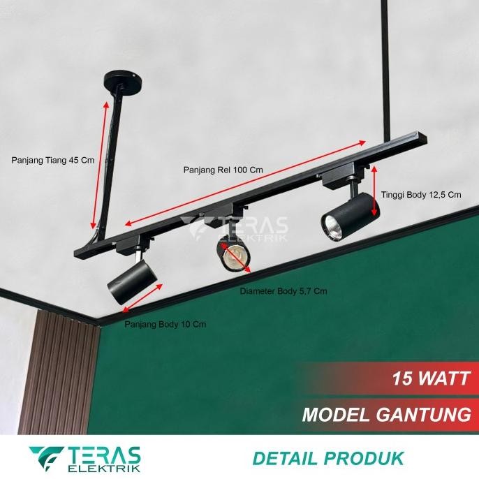 Paket Lampu Sorot Rel 1 Set Isi 3 Lampu Sorot Gantung Rel 1 Meter Spotlight Premium  Herritra