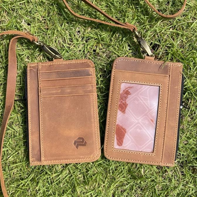 

NEW ID card holder with zipper slot lanyard kulit sapi asli nametag holder