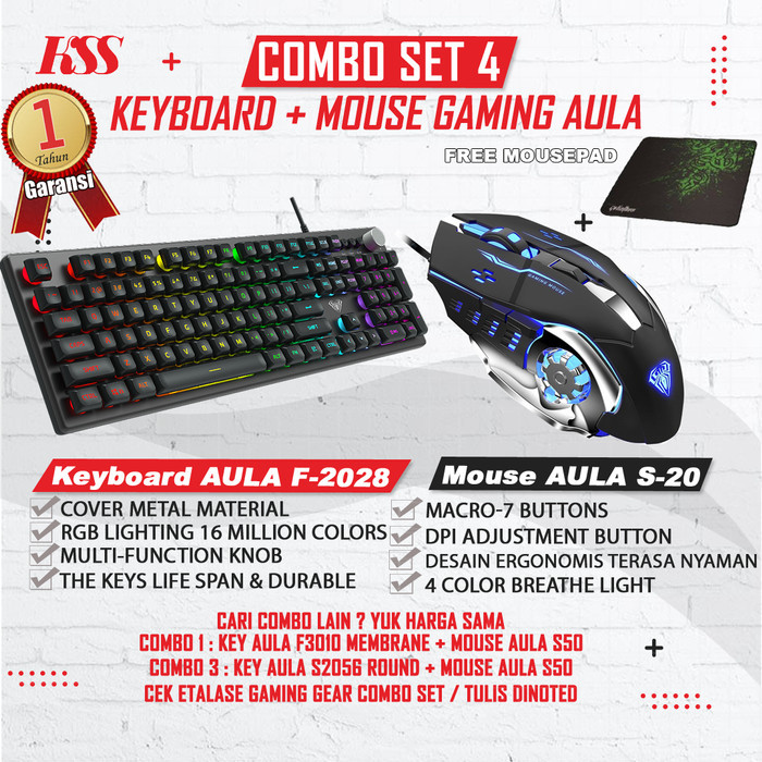 Combo AULA GAMING Keyboard F-2028 Knob dan Mouse AULA S20 RGB Lighting