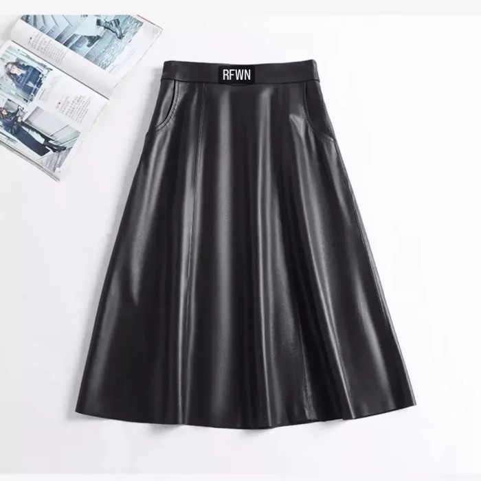 LANGSUNG KIRIM rok kulit wanita/rok kulit rempel/rok kulit panjang RF WN - Hitam, S PT71