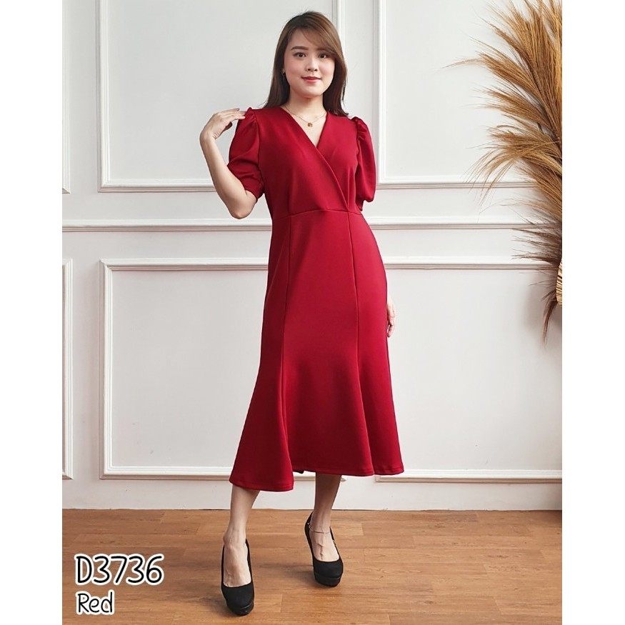 [CASH ON DELIVERY] MISSOL Dress wanita midi dress duyung bahan scuba D3736 - RED DUYUNG Q8V34
