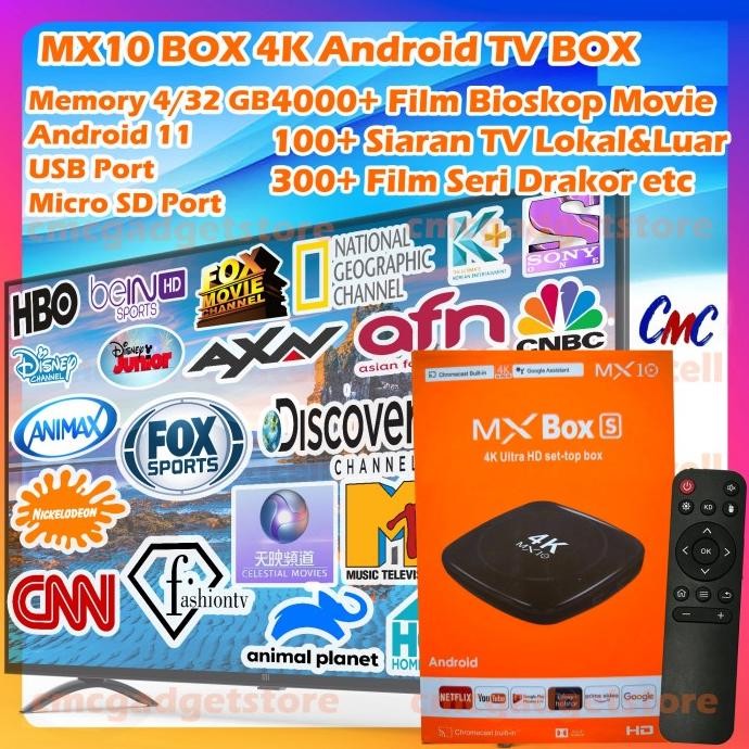 MX10 Box 4K Android TV Box Full Channel Siaran TV Lokal + Luar Negeri Wifi Bluetooth Smart TV Box Se