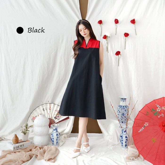 Lellay - Baju Imlek Wanita Cheongsam Dress Sincia Qipao Cina Merah Maroon Hitam
