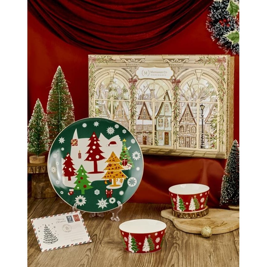 ] Christmas Mistletoe Gold Plated Dinnerware Ceramic Set Gift Box | Hamper Piring Set Natal
