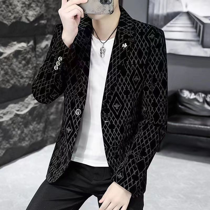 Setelan Cetakan Kotak-kotak Pria, Atasan Jaket Jas Tampan Slim Fit Kasual