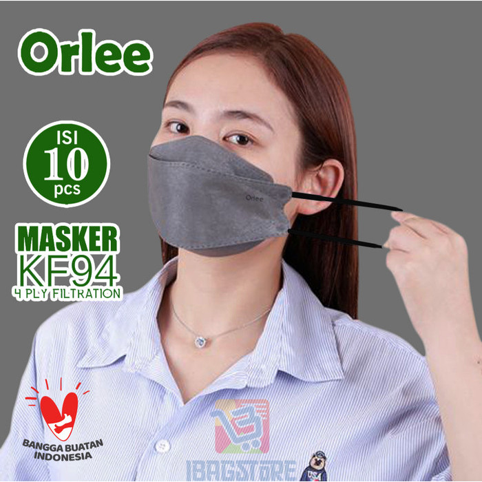 MASKER KF94 KF 94 ORLEE EARLOOP ABU ABU GREY EMBOS KEMENKES ISI 10 - ABU-ABU