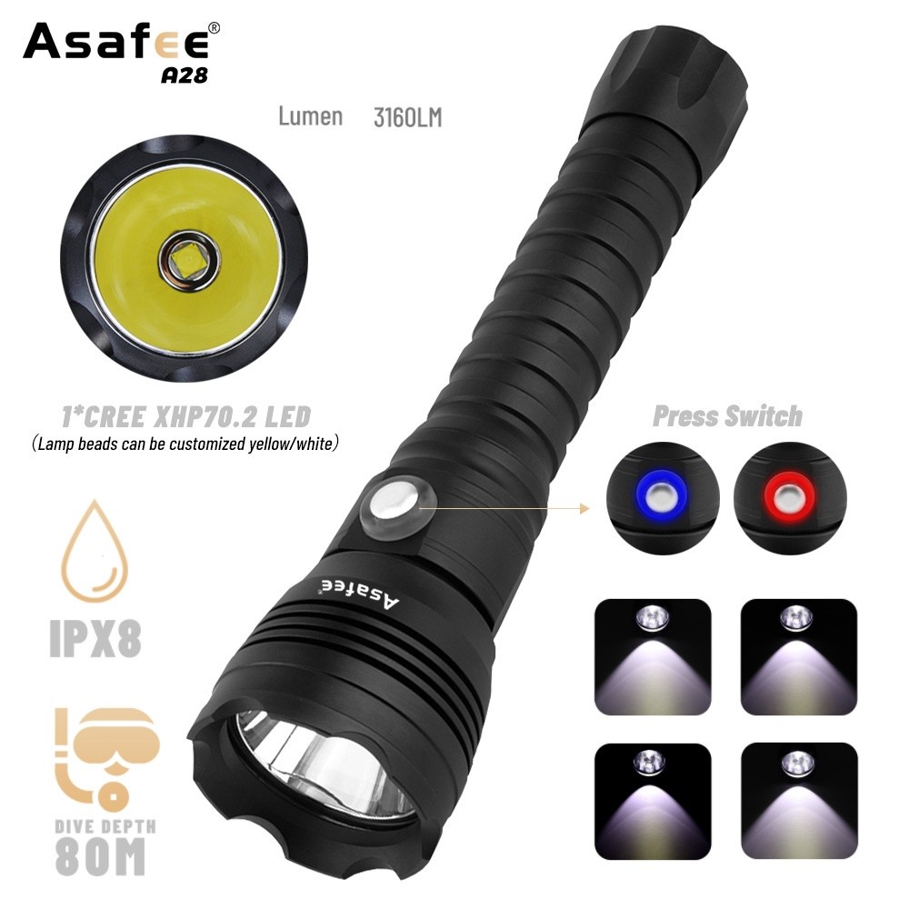 Asafee A28 Senter Selam LED Profesional 4000LM XHP70.2 Senter Cahaya Kuning/Putih Dapat Diisi Ulang 