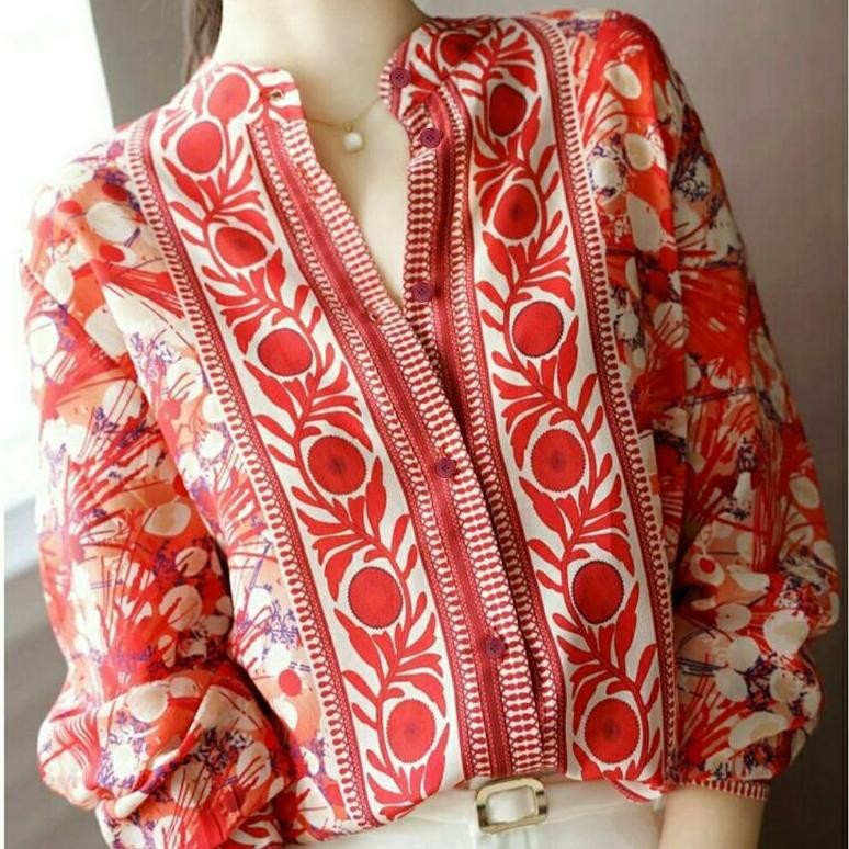 BVF 0749;Redplum Baju atasan kemeja blouse mandarin imlek merah Korean style wanita import baju atas