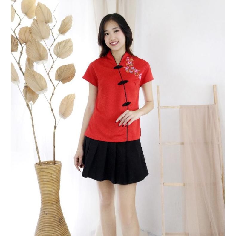 BVF atasan baju cheongsam Shanghai Imlek wanita serba merah