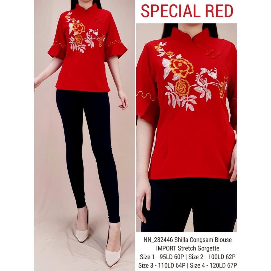 BVF ( 4 SIZE ) BLOUSE CHEONGSAM MILA FLOWER EMBROIDERY MEDIUM SIZE - BIG SIZE STRETCH GEORGETTE ONLY