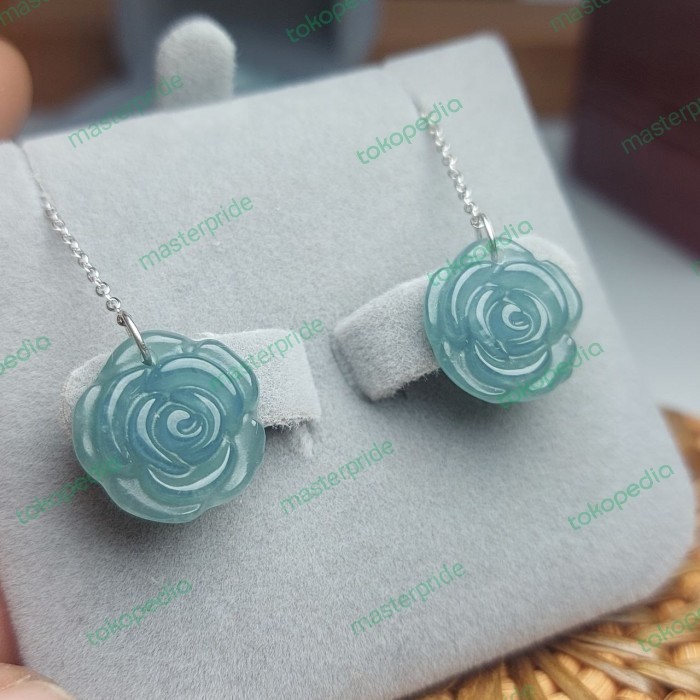 Ready ANTING BATU GIOK HIJAU KEBIRUAN ASLI NATURAL JADEITE PERAK+SERTIFIKAT