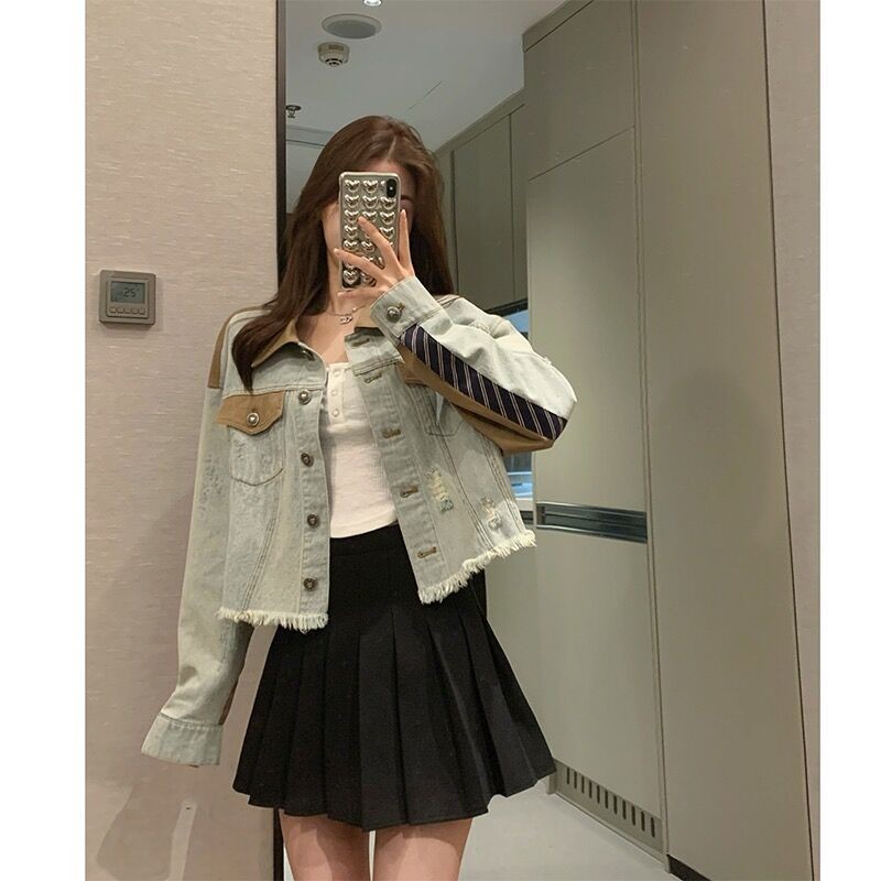 2025Jaket Denim Perca untuk Wanita, Atasan Berjumbai Warna Kontras Pendek Desain Niche, Jaket Denim 