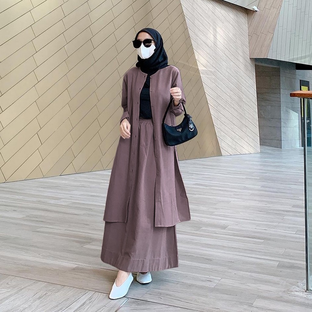 Baju Gamis Abaya Muslim Kaila Set Baju Setelan Atasan Tunik Dan Bawahan Rok Bahan Linen Depan