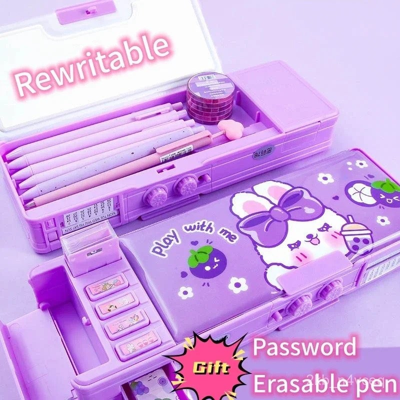 

Multi Functional Stationery Box Smart Female Password Lock High Tech Pencil Case Mechanism Bilayer Girls School Students OJ5U
