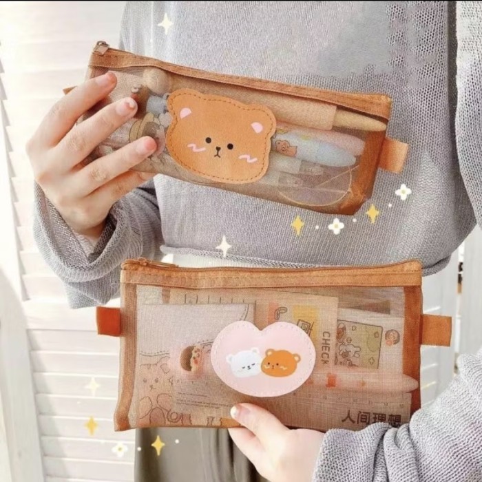 

Beruang Cokelat Tempat Pensil Zipper Serbaguna Organizer Resleting Dompet Jaring Lucu