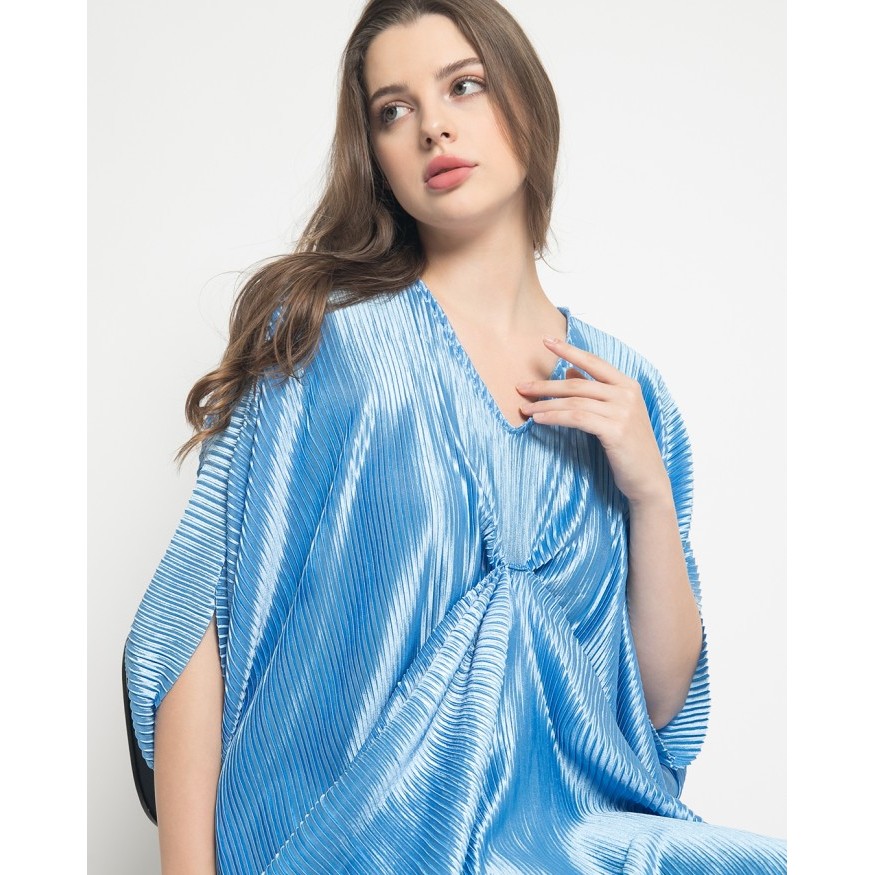 Kaftan [LESFORMORE] Leila Kaftan Dress - Kaftan Pleats Hijab Premium - Cool Blue modern satin