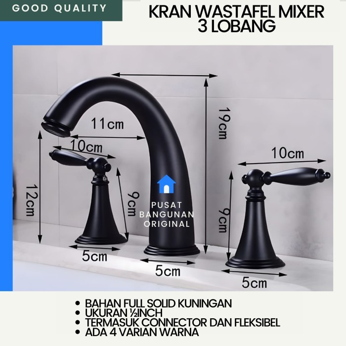 Populer Kran Wastafel 3 Lubang Panas Dingin Gold Emas Keran Air Mixer Bertu