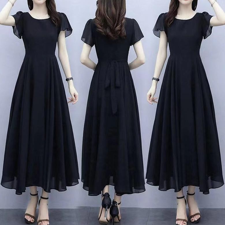 CR - 2024 gaun sifon baru gaun temperamen hitam panjang/dress hitam/midi dress korea TERLARIS