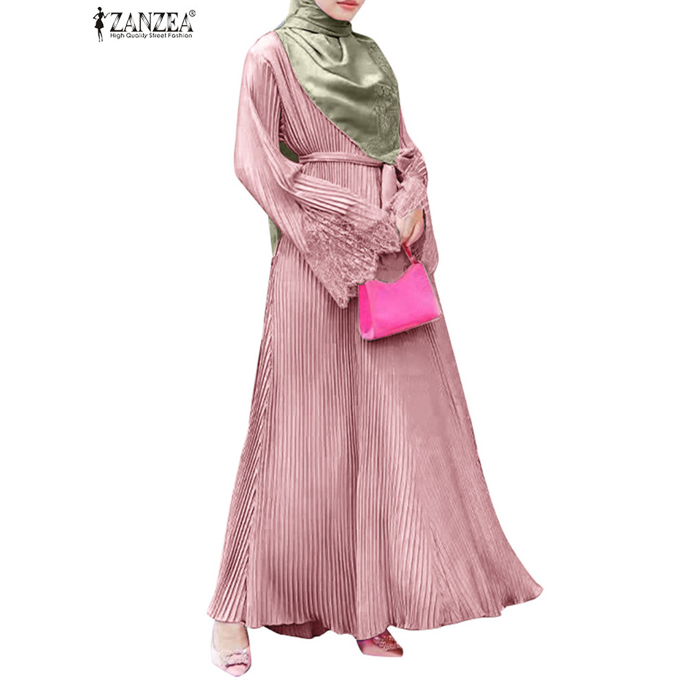 ZANZEA Wanita Muslim Kasual Lengan Panjang A Line Renda Patchwork Lipit Maxi Dress |5P8wdGEc|
